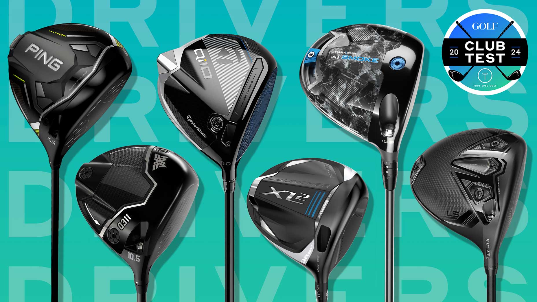 Six new golf drivers arranged horizontally